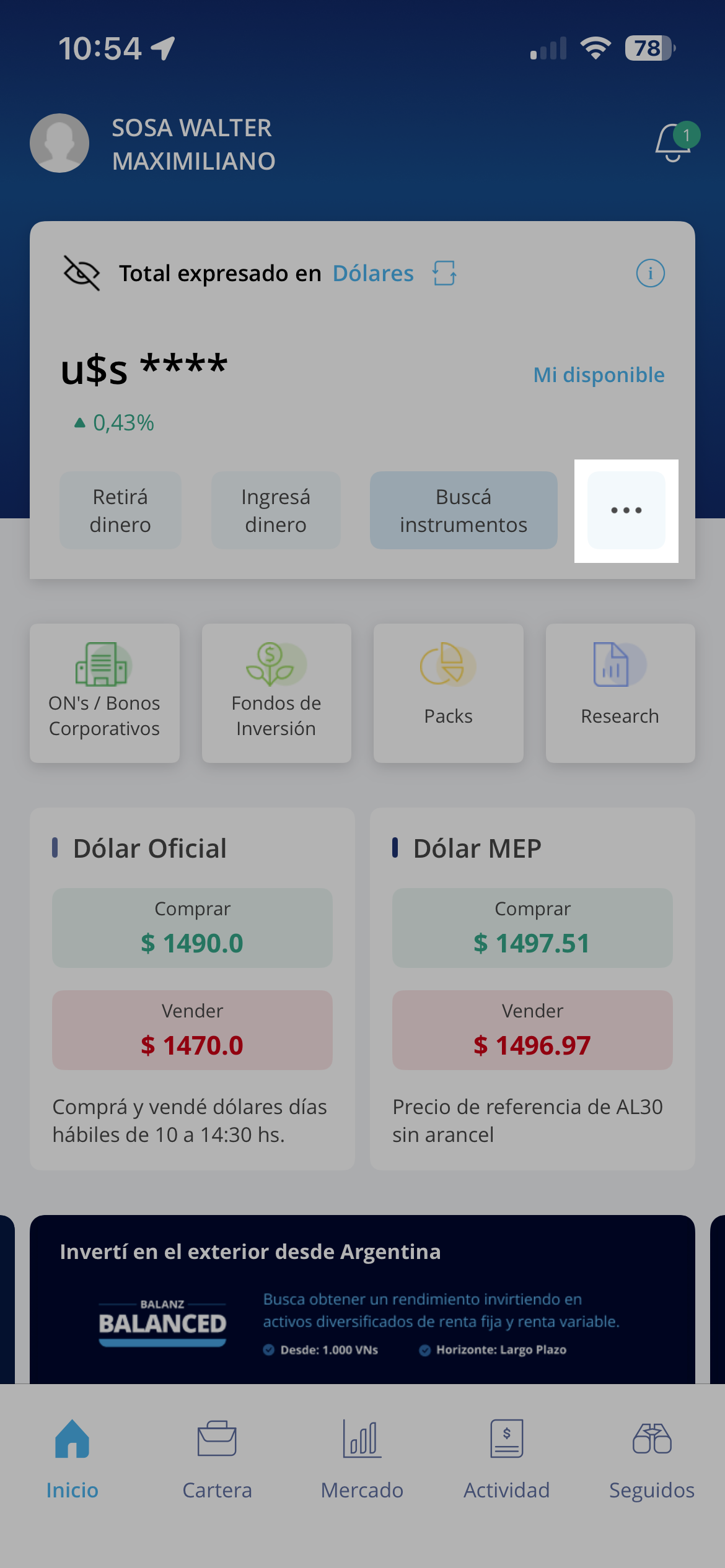 App de Balanz, botón tres puntos en inicio