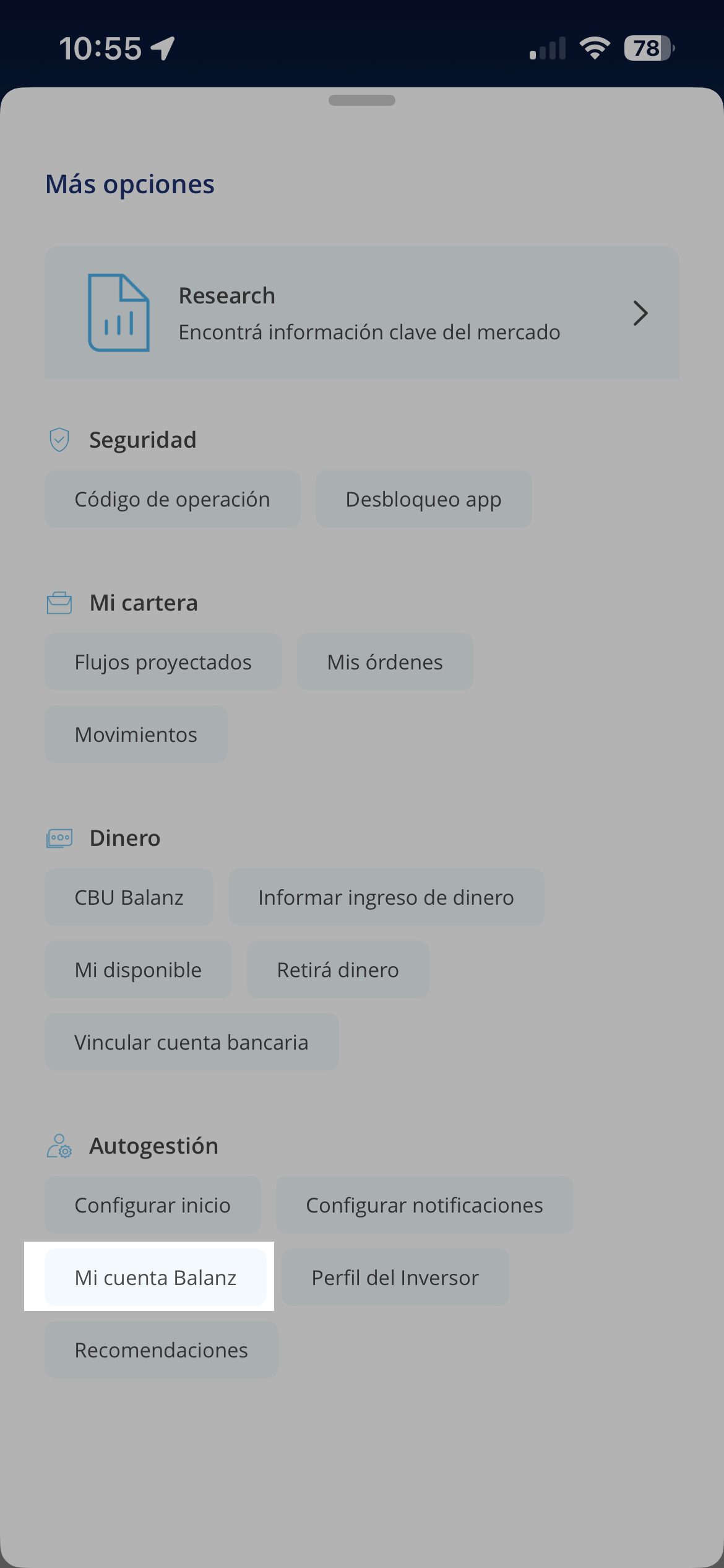 Menú Autogestión en la app de Balanz